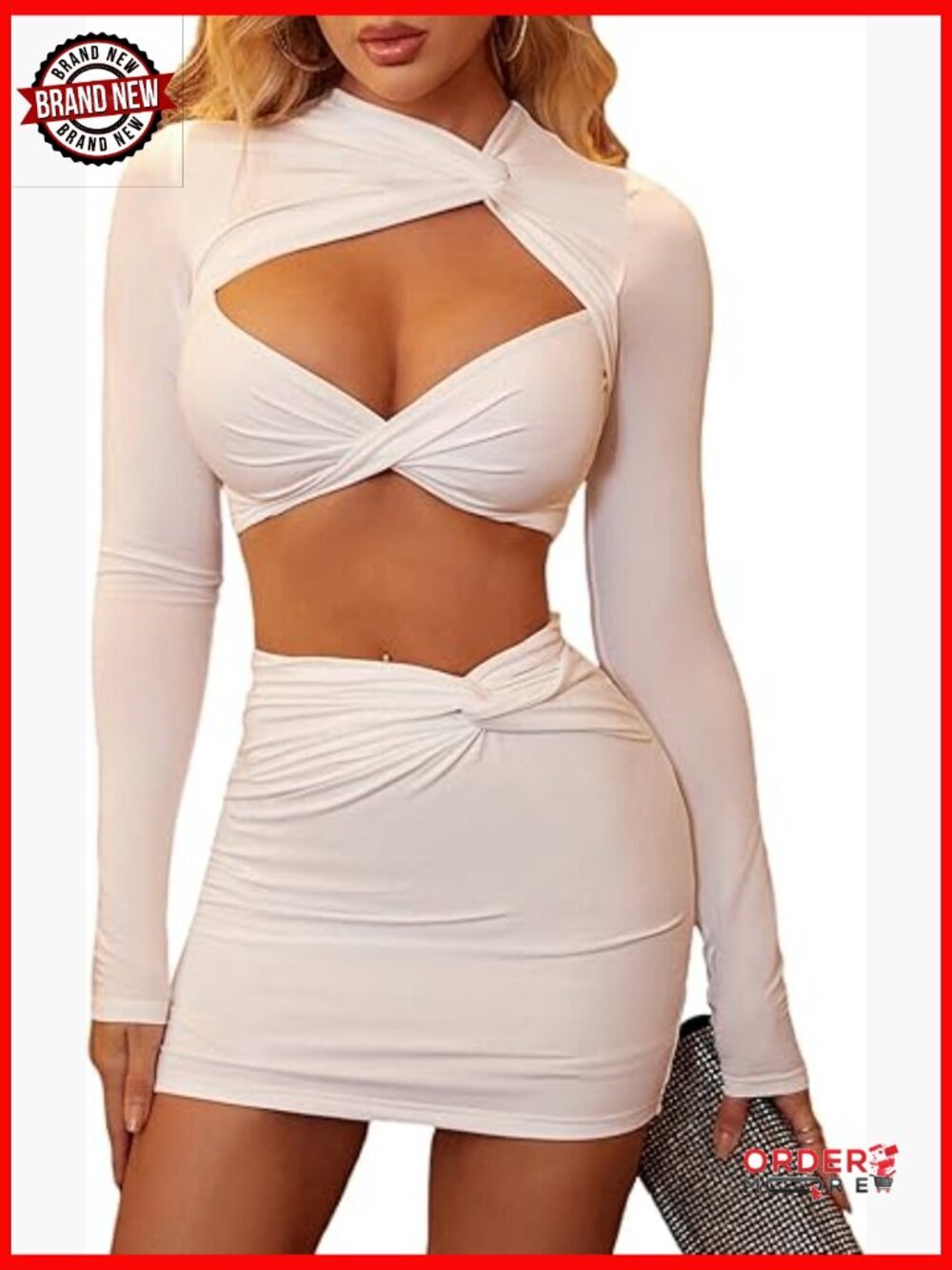 Long Sleeve Crop Top & Mini Skirt Set Bodycon 2 Piece Outfit Sexy Twist Front